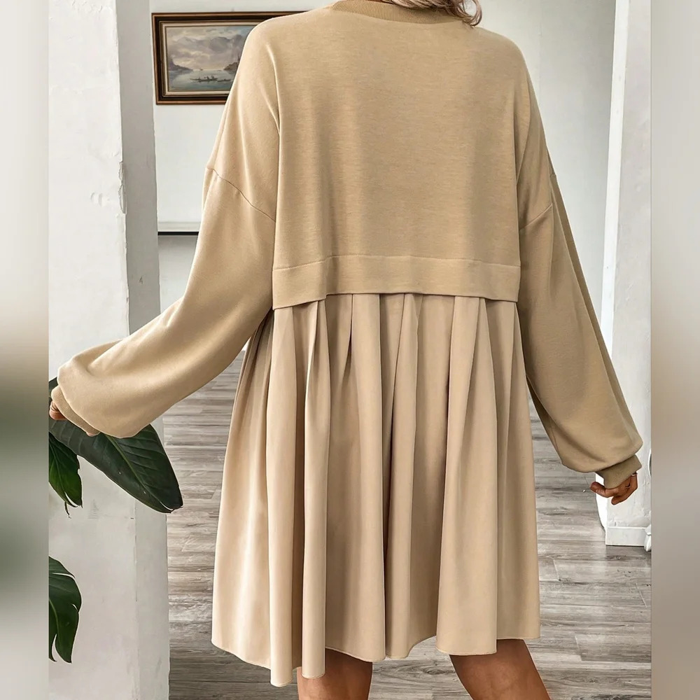 Round Neck Lantern Sleeve Pleated Long Sleeve Sweatshirt Dress - Picture 5 of 5